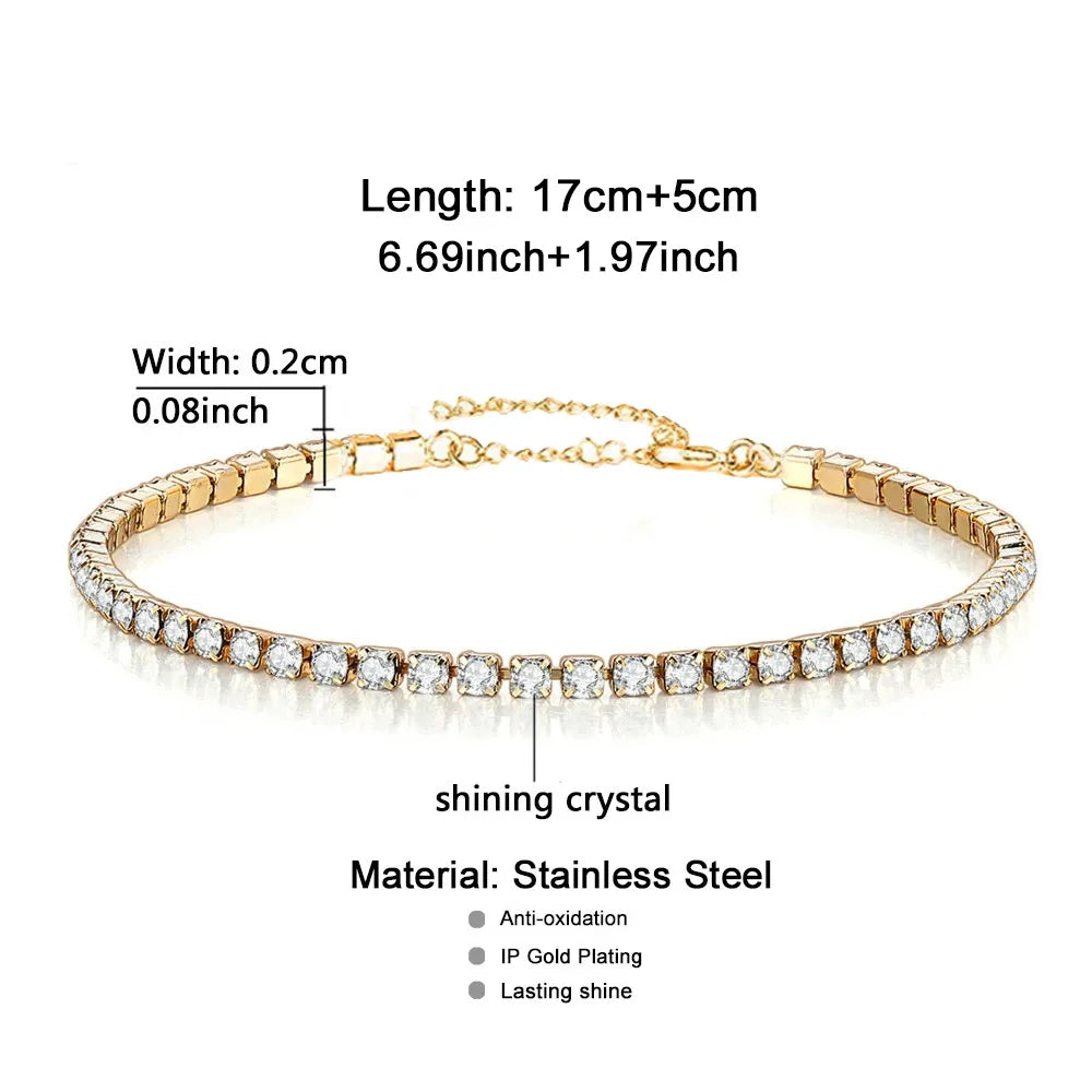 2mm Iced Out Tennis Bracelets Female Gold Silver Color Stainless Steel Cubic Zirconia Chain for Women Wedding Jewelry Gift