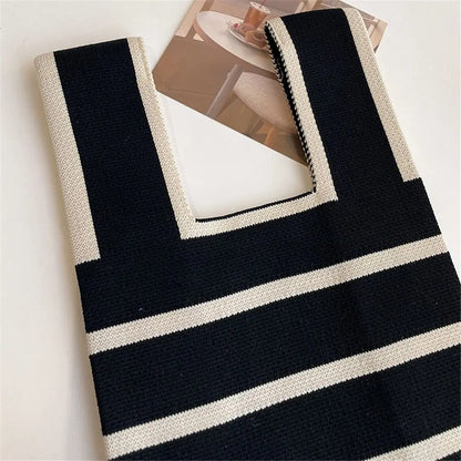 Handmade Knit Handbag Women Mini Knot Wrist Bag Japanese Casual Color Wide Stripe Plaid Tote Bag Student Reusable Shopping Bags