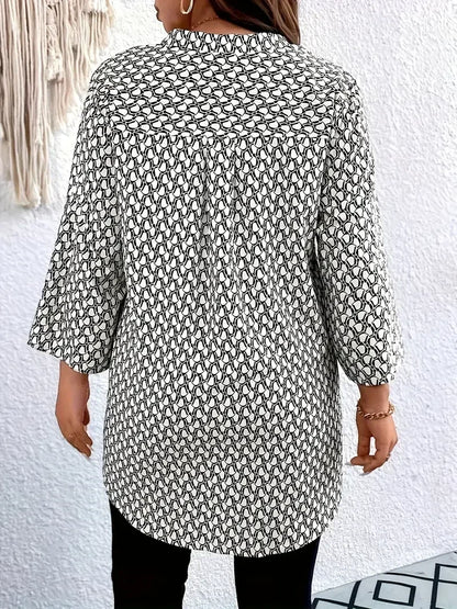 Plus Size 1XL-5XL Women's All Over Print Notch Neck Blouse Casual 3/4 Sleeve Blouse for Spring & Fall Women's Plus Size Clothing