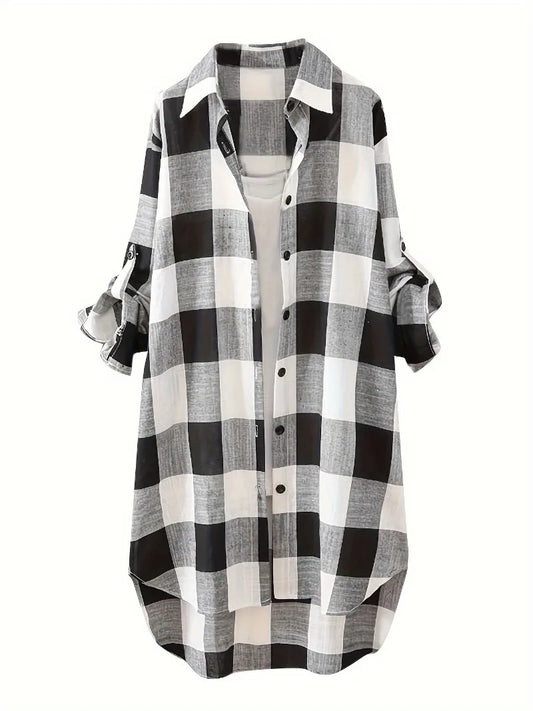 Plus Size 1XL-5XL Casual Blouse Women's Plus Plaid Print Button Up Roll Up Long Sleeve Lapel Collar Longline Shirt Top