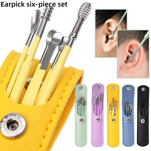 New 6Pcs/set Ear Cleaner Wax Pickers Earpick Wax Remover Curette Ear Pick Cleaner Kit Spoon Care Ear Clean Tools Stainless Steel