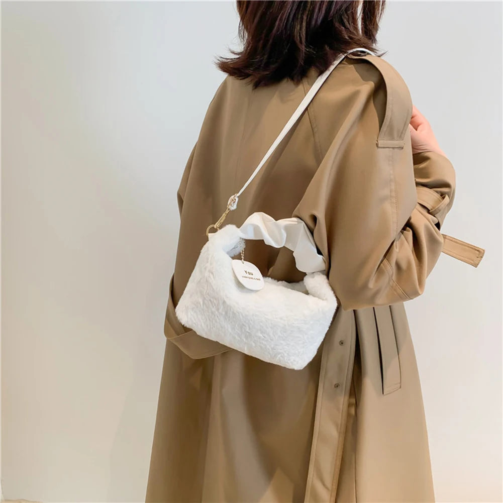 Plush Shoulder Bag PU Strap Cloud Fold Female Tote Bag Autumn Winter Fashion Casual Solid Color Adjustable With Small Pendant