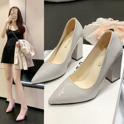 Square Heels Pumps Women Shoes Patent Leather Sexy Wedding Party Official Leisure Super Big Szie 2024