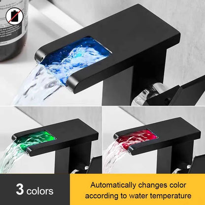 Waterfall Faucet Smart LED Luminous Hot and Cold Color Changing Mixer Tap Square Wash Basin Bathroom Cabinet Faucet Copper New