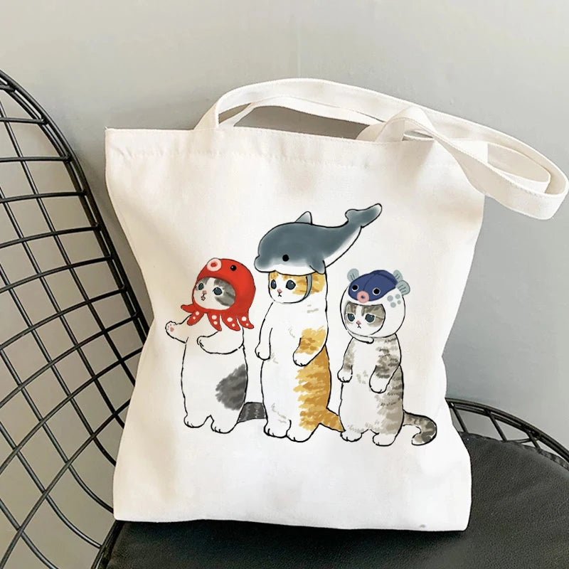 Kawaii Cats Cartoon Manga Tote Bag Beach Bag Shopper Bags Handbags Canvas Shoulder Bags Woman Shopping Bags High Capacity