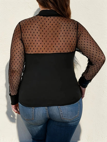 Plus Size Swiss Dot Mesh Stitching Blouse, Elegant Collared Long Sleeve Top For Spring & Fall, Women's Plus Size Clothing