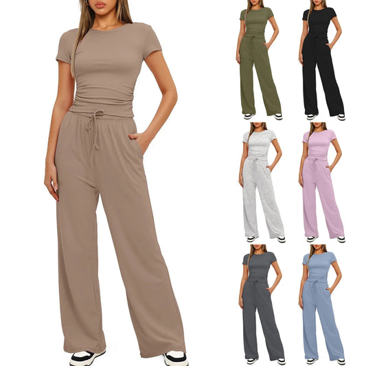 Women's 2 Piece Outfits Lounge Sets Ruched Short Sleeve Tops and High Waisted Wide Leg Pants Tracksuit Sets