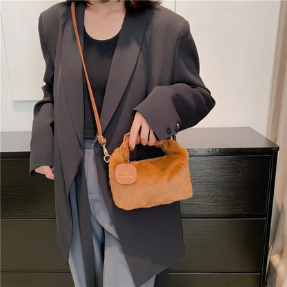 Plush Shoulder Bag PU Strap Cloud Fold Female Tote Bag Autumn Winter Fashion Casual Solid Color Adjustable With Small Pendant