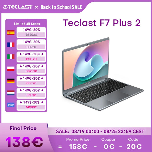 Teclast F7 Plus 2 14.1 Inch Laptop Intel Celeron N4120 8GB RAM 256GB SSD Windows 10 Intel UHD Graphics 600 Notebook for Studying