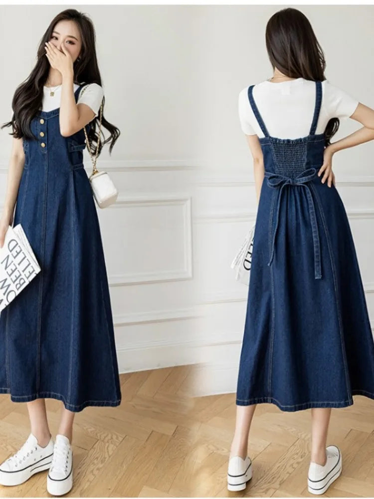 2024 Summer Denim Skirt Korean Edition Casual Versatile Cowboy Strap Skirt Medium Long Look Slimming Oversized Dress Plus Size