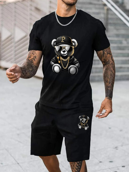 Men's short-sleeved shorts summer suit men's T-shirt trend printing round neck men's suit with sports two-piece men's suit