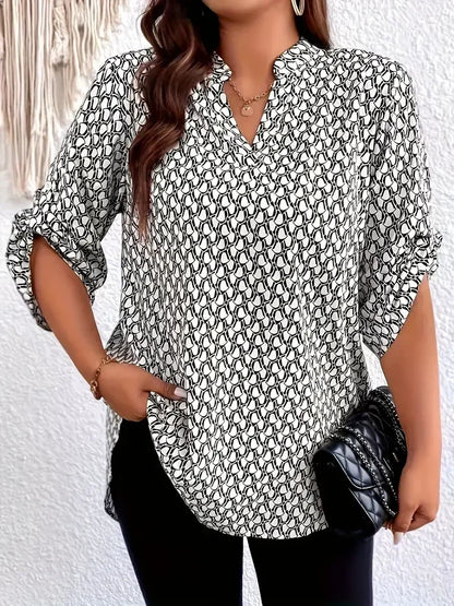 Plus Size 1XL-5XL Women's All Over Print Notch Neck Blouse Casual 3/4 Sleeve Blouse for Spring & Fall Women's Plus Size Clothing