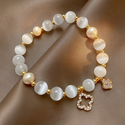 Kirykle Natural Crystal Bracelet for Women White Opal Stone Pearl Fashion Lucky Four-leaf Clover Women's Jewelry Bangles Gift