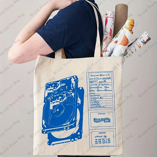 1pc "Wave To Earth Summer Flows" Pattern Retro Record Graphics Canvas Tote Bag, Reusable Shopper Bag For Men And Women