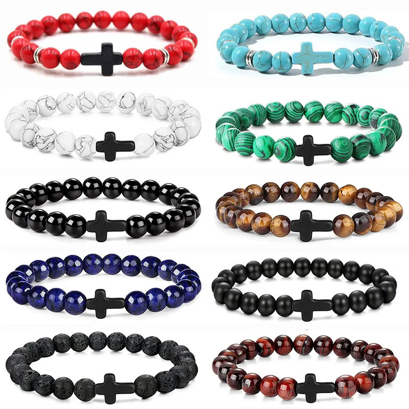 Men Natural Stone Bead Cross Bracelet Onyx Meditation Bracelet Women Yoga Jewelry Homme Pulser Lava Turquoise Beaded Bracelets