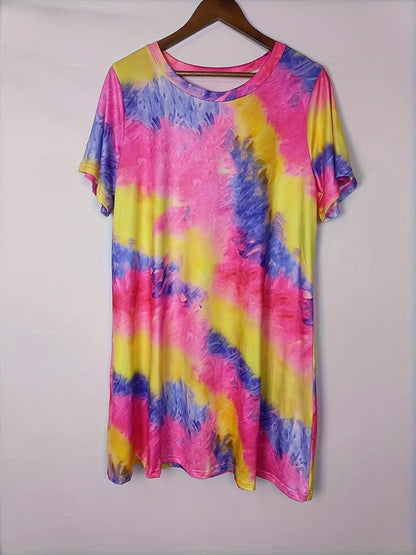 2024 Summer women's tie-dye print, casual short-sleeved round neck plus size dress, women's plus size clothing