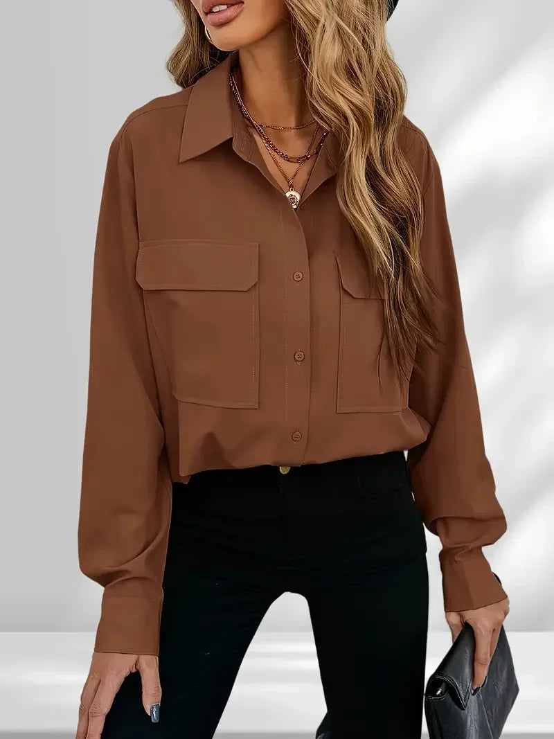 Women's 1Xl-5XL Plus Size Fashionable Casual Blouse Ladies Solid Button Up Long Sleeve Turn Down Collar Blouse with Pockets