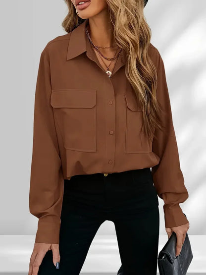 Women's 1Xl-5XL Plus Size Fashionable Casual Blouse Ladies Solid Button Up Long Sleeve Turn Down Collar Blouse with Pockets