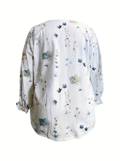 Plus Size 1XL-5XL Women's Floral Print Top Long Sleeved Hollow Out Casual Shirt V-neck Fashionable Shirt