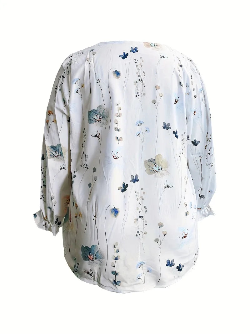 Plus Size 1XL-5XL Women's Floral Print Top Long Sleeved Hollow Out Casual Shirt V-neck Fashionable Shirt