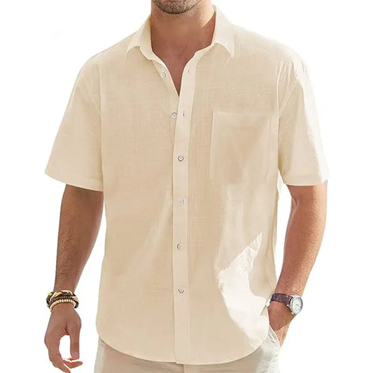 Men's Solid Color Cotton Linen Short Sleeve Shirts Vacation Beach Summer Tops with Pocket Casual Lightweight Button Shirts