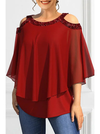 Plus Size Wome's Off Shoulder Short Sleeve Blouses Print Decor Chiffon Shirts Casual Ladies Clothing Female Blusas Women Tops