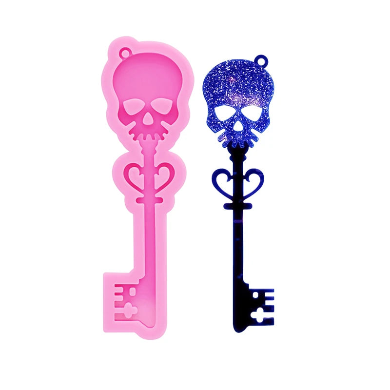 GJ-988 Shiny Mirror Skull Key Epoxy Resin Drip Mold DIY Earrings Pendant Keychain Bag Jewelry Pendant Silicone Molds