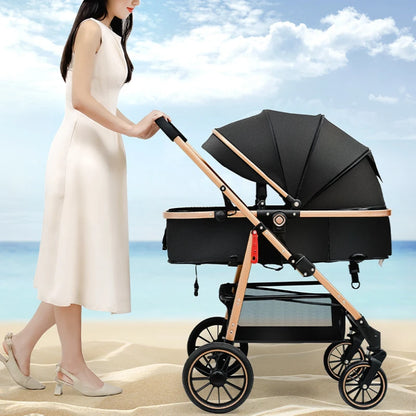 3 in 1 Baby Stroller High View Comfortable Sleeping Basket Cart Lightweight Two-way Push Trolley Foldable Travel Pram