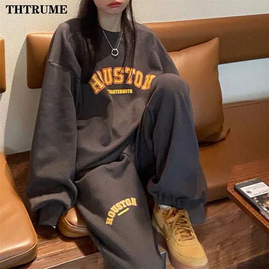 Fashion Women Chic Two Piece Sets Elegant Letter Print Long Sleeve Hoodies Tops High Waist Pant Outfits Casual Loose Streetwear