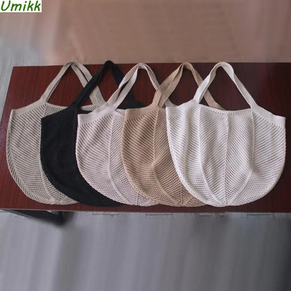 Women Aesthetic Shoulder Bag Solid Color Knitted Tote Handbag Large Capacity Knitting Shopping Handbag Ladies Daily Handbag