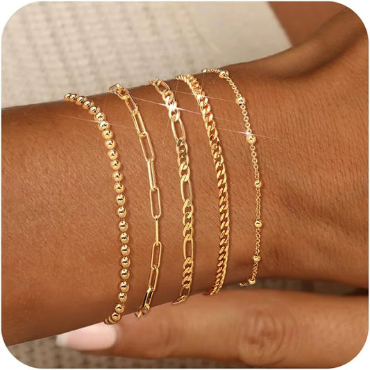 14K Gold Plated Stainless Steel Bracelet Set Waterproof Paperclip Chain Cuban Link Layered Bracelets Sets Gifts for Women Girls