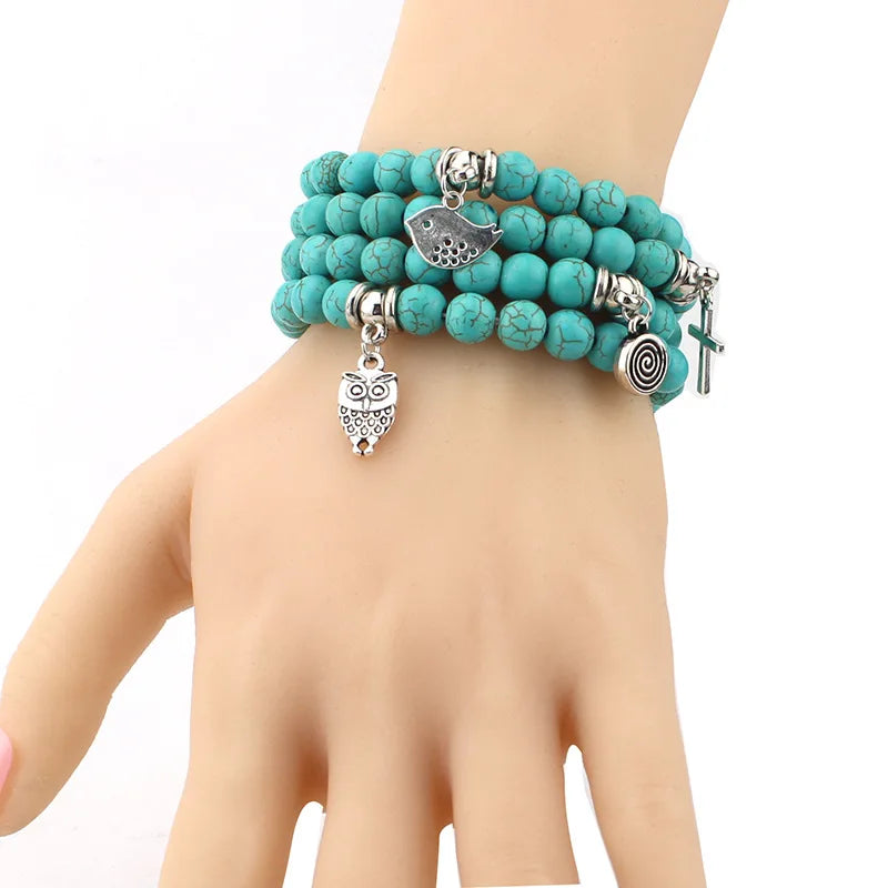 FTCY Women Bohemian Beaded Bracelet Fashion Turquoise Natural Stone Anti-Stress Yoga Geometric Pendant Elastic Cord Hand Chains