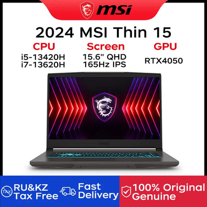 2024 MSI Thin 15 Gaming Laptop 15.6 Inch 2.5K QHD 165Hz IPS Screen Notebook i5-13420H 16GB 512GB SSD RTX4050 Netbook Computer PC