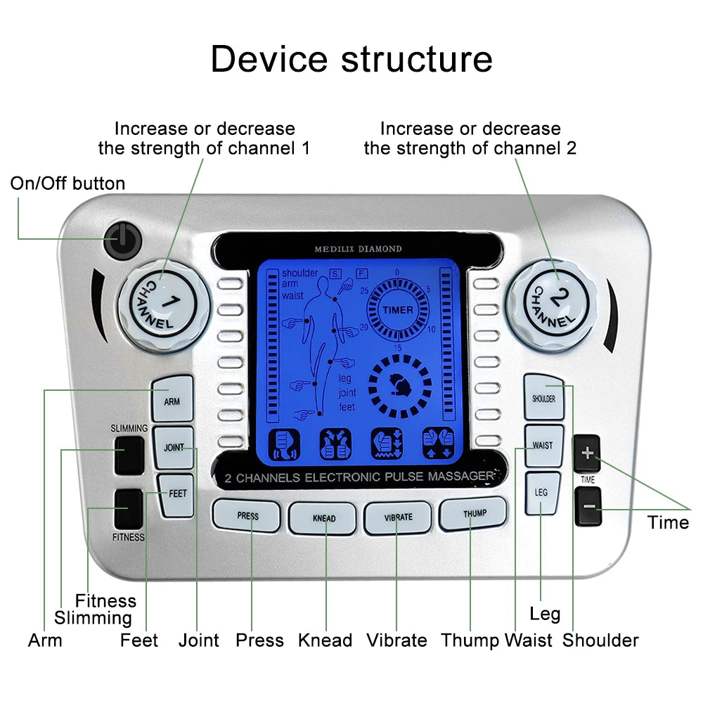 TENS Electrostimulator EMS Massager Muscle Stimulation Electric 12 Modes Low Frequency Physiotherapy Device Relaxation Treatment