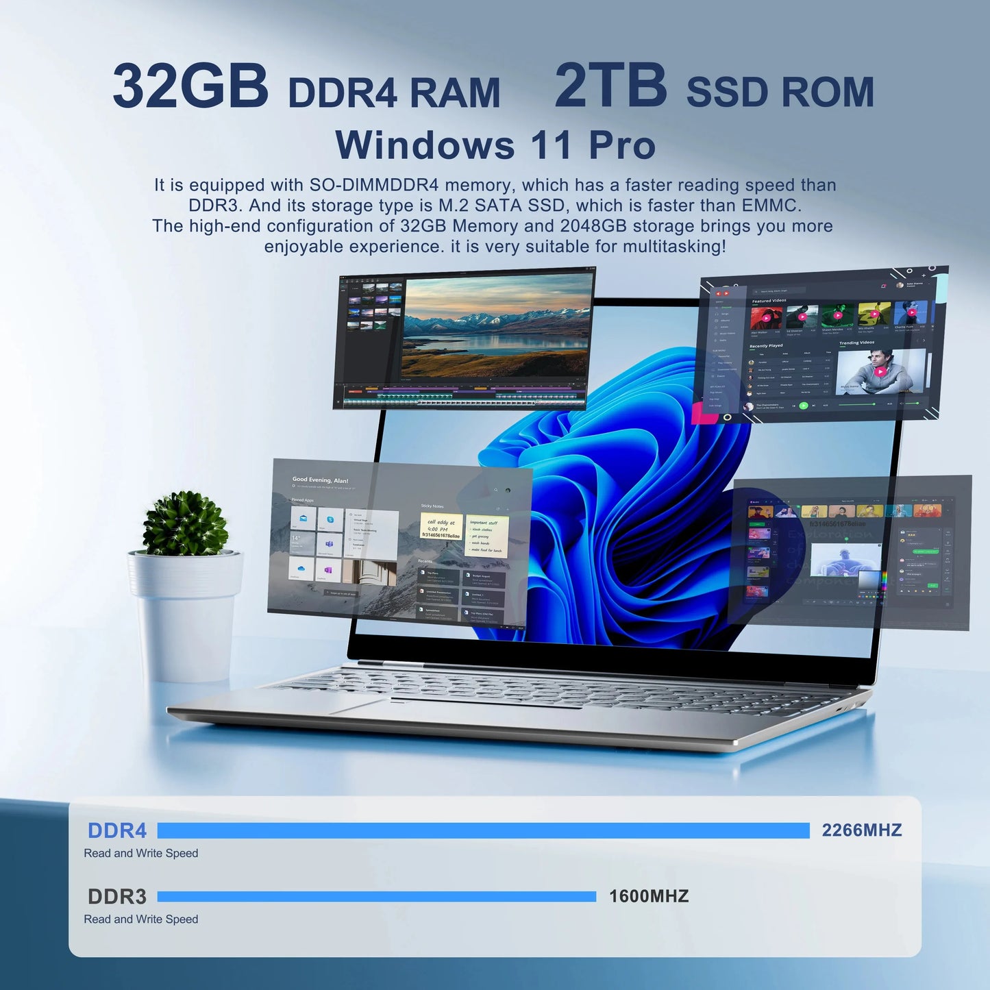 Global 16'' Laptop Intel N95 2.5K HD 240HZ Display 32GB+2TB Windows 11 Pro Office Gaming Notebook Computer Fingerprint Unlock PC