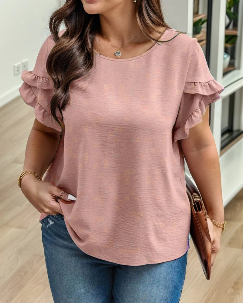 Plus Size European and American Cross Border New Women's Solid Color Casual Round Neck Chiffon T-shirt