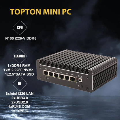 Firewall Mini PC Pentium 8505 Intel N100 2.5G Soft Router 6x i226-V LAN 1*COM Industrial Fanless Barebone PC Efficient cooling