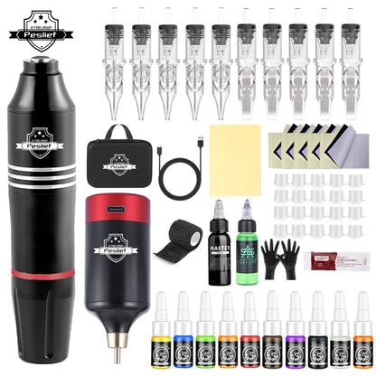 Professional Wireless Rotary Tattoo Machine Kit with 10Pcs Cartridge Needles Complete Set for Tattoo Artists and Beginners