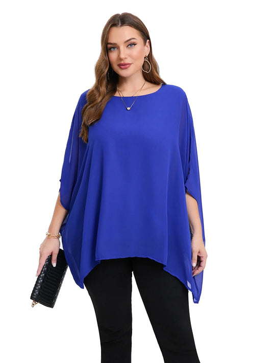 Womens Plus Size Elegant Summer Blouse Batwing Sleeve Oversized Chiffon Blouse Scoop Neck Large Size Casual Tunic Top Shirt 5XL