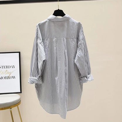 Turn-down Neck Striped Pocket Loose Shirt And Blouses Thin Office Lady Top Women Long Sleeve Casual Korean Reviews Many Clothes