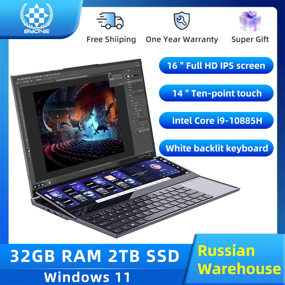 BYONE Dual Screen Gaming Laptop Intel Core i9-10885H 16 inch +14 Inch Touch Screen Laptop 16GB 32GB RAM 1T 2TB SSD Metal laptops