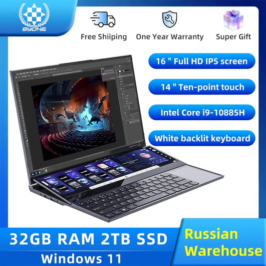 BYONE Dual Screen Gaming Laptop Intel Core i9-10885H 16 inch +14 Inch Touch Screen Laptop 16GB 32GB RAM 1T 2TB SSD Metal laptops