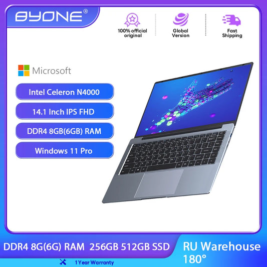 BYONE 14.1 Inch Laptop Intel N4000 8GB RAM 256GB 512GB SSD Windows 11 Notebook 1920*1080 IPS LCD Wifi HDMI USB laptop PC