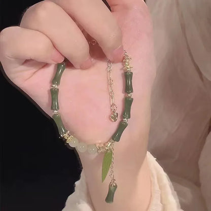 1Pcs Handmade Green Color Natural Stone Bamboo Joint Leaves Tassel Beads Strand Beaded Bracelet for Women  Accessories