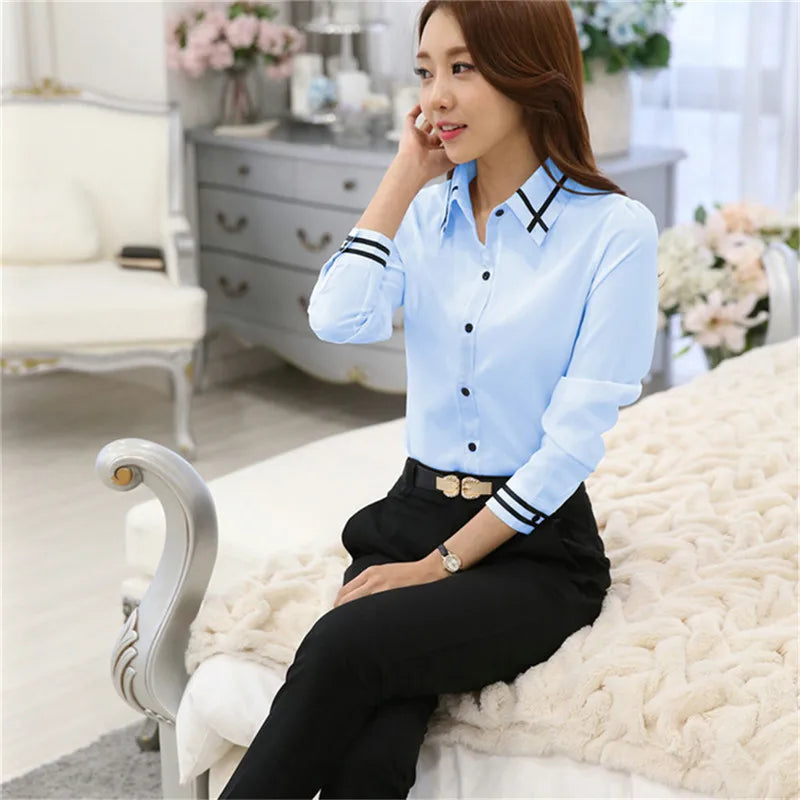 Womens Office Lady Shirt Female Chiffon Slim Blouse  Casual Long Sleeve Shirts Lady Fashion Style Tops Clothing Blusas