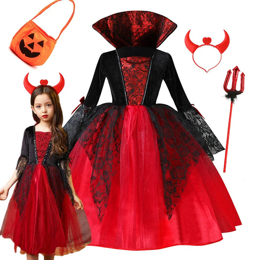 Girls Ghost Bride Vampire Dress Kids Halloween Costume Children Birthday Party Dress Mesh Witch Fancy Dress Magic Witch Costume