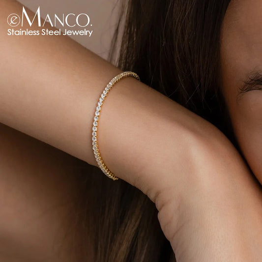 eManco Stainless Steel Gold Plated Sparkling Bracelet High Quality White Zirconia Single Row Simple Accessory For Girls