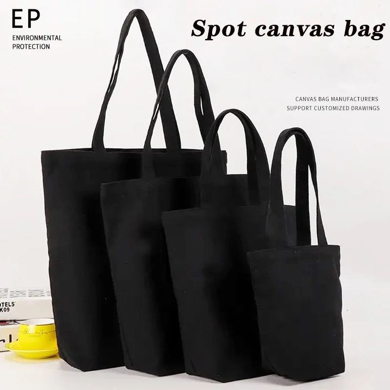 ISKYBOB Canvas Tote Cotton Bag Black Shopping Bag Reticule Cosmetic Bag Student Shoulder Bag Cosmetic Bag Canvas Belt Pocket