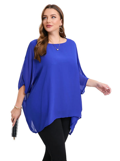 Womens Plus Size Elegant Summer Blouse Batwing Sleeve Oversized Chiffon Blouse Scoop Neck Large Size Casual Tunic Top Shirt 5XL